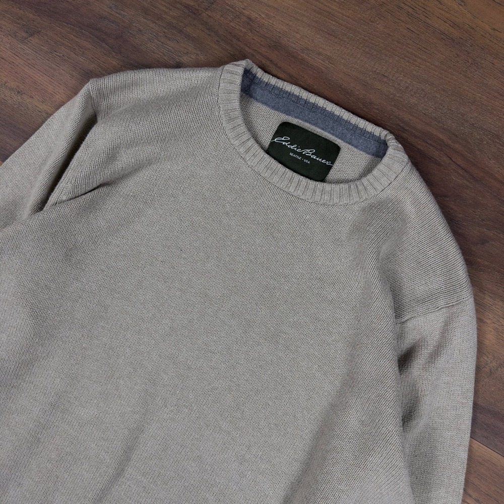 Eddie Bauer Mens Tall Crewneck Sweater Tan Beige Ribbed Knit Pullover TL